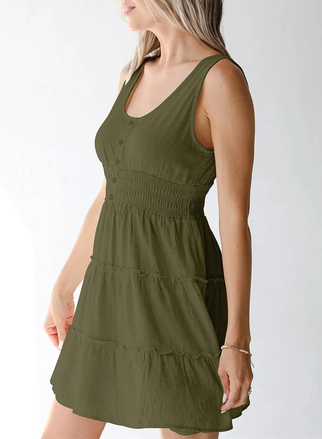 Dokotoo Womens Summer Dresses 2025 Sleeveless Button Down Smocked Empire Waist Ruffle Tiered Casual Swing Mini Dress