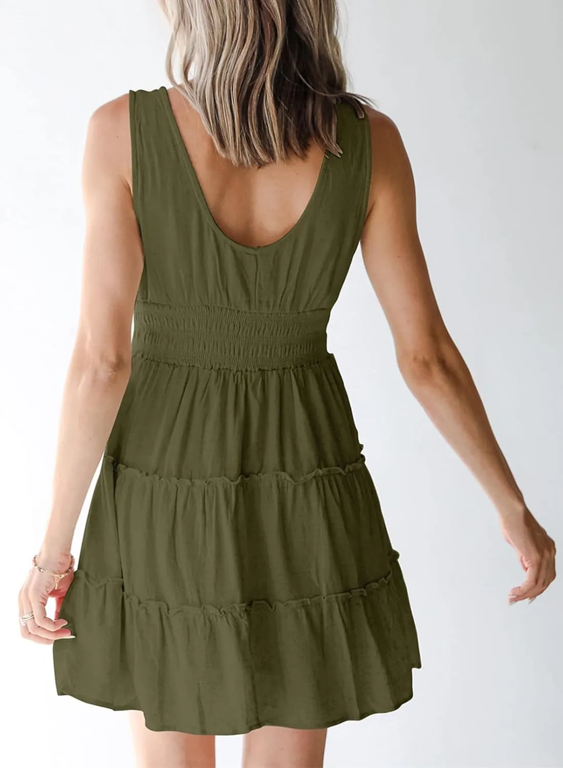 Dokotoo Womens Summer Dresses 2025 Sleeveless Button Down Smocked Empire Waist Ruffle Tiered Casual Swing Mini Dress