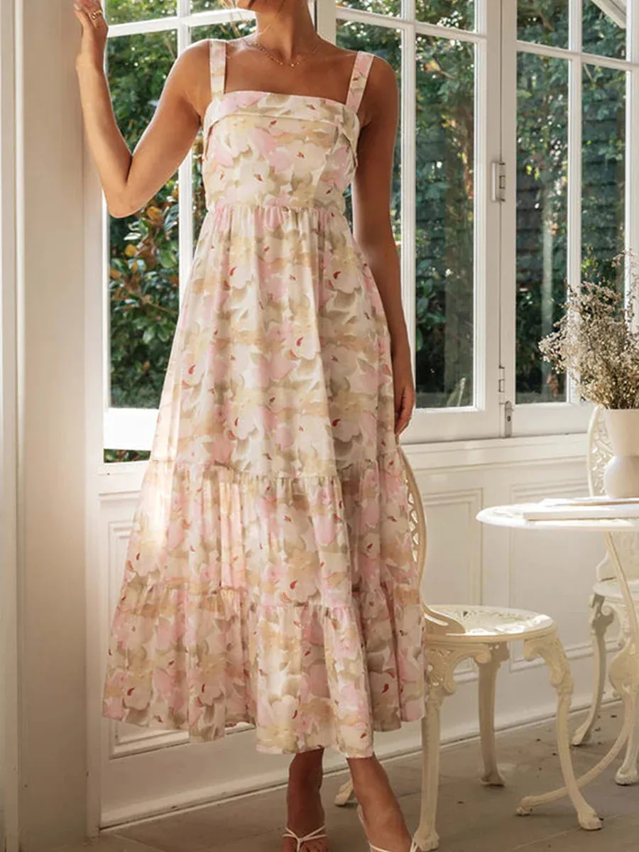 Floral Print Maxi Sleeveless V Neck Tiered Ruffle Cami Beach Party Sundress Casual Summer Dress