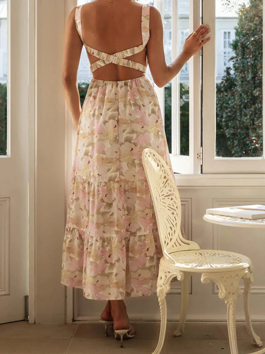 Floral Print Maxi Sleeveless V Neck Tiered Ruffle Cami Beach Party Sundress Casual Summer Dress