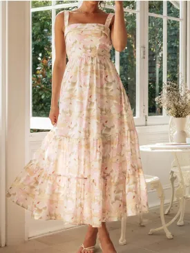 Floral Print Maxi Sleeveless V Neck Tiered Ruffle Cami Beach Party Sundress Casual Summer Dress