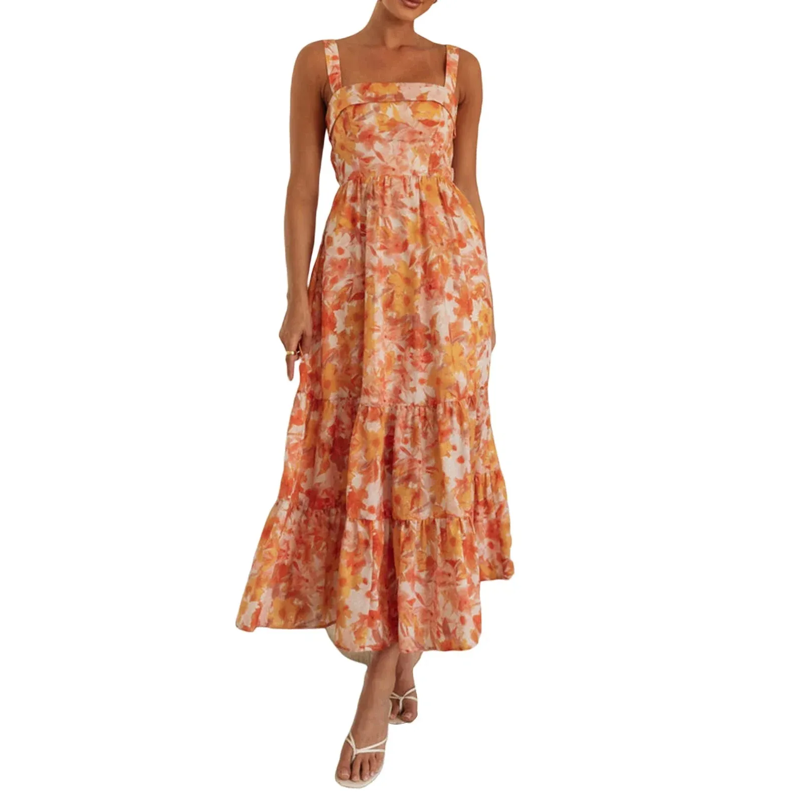 Floral Print Maxi Sleeveless V Neck Tiered Ruffle Cami Beach Party Sundress Casual Summer Dress