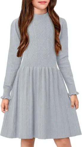 Girls Cable Knit Mock Neck Sweater Dress Fall Winter Long Sleeve Dresses 5-14 Years