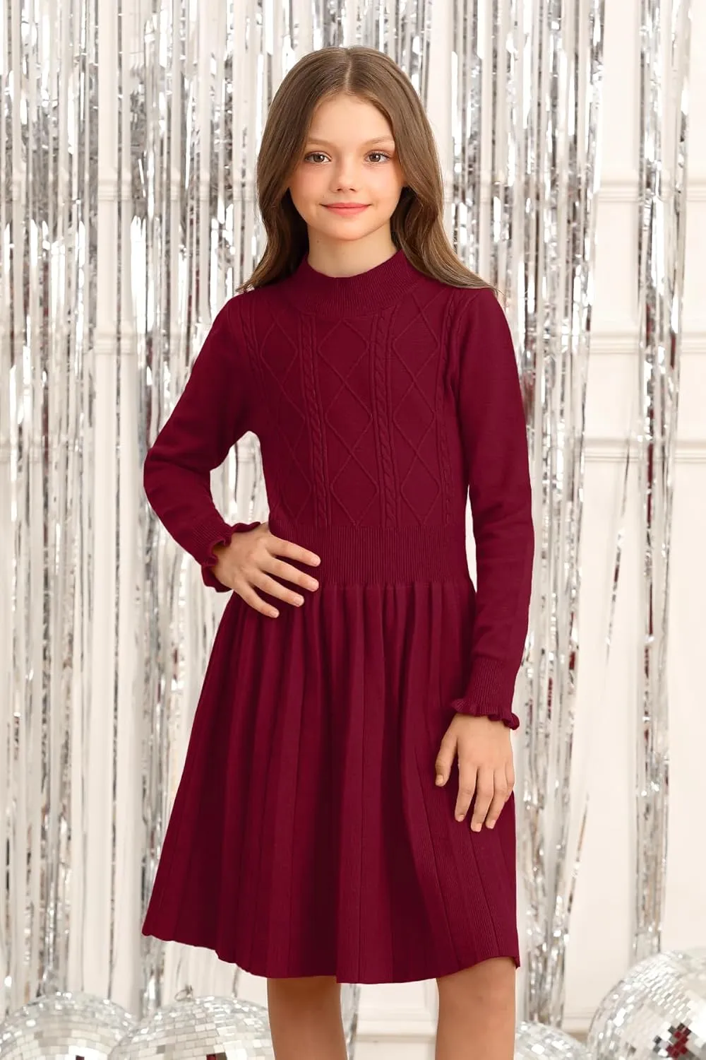 Girls Cable Knit Mock Neck Sweater Dress Fall Winter Long Sleeve Dresses 5-14 Years