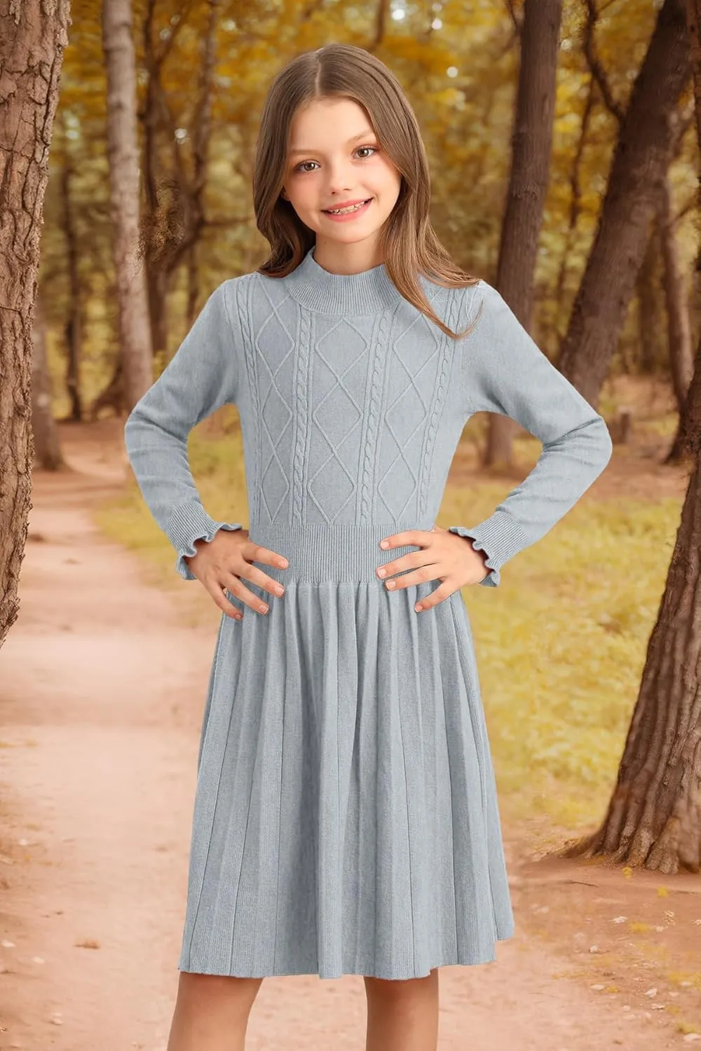 Girls Cable Knit Mock Neck Sweater Dress Fall Winter Long Sleeve Dresses 5-14 Years