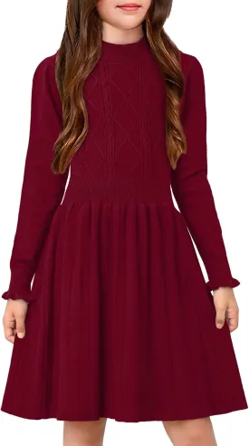 Girls Cable Knit Mock Neck Sweater Dress Fall Winter Long Sleeve Dresses 5-14 Years
