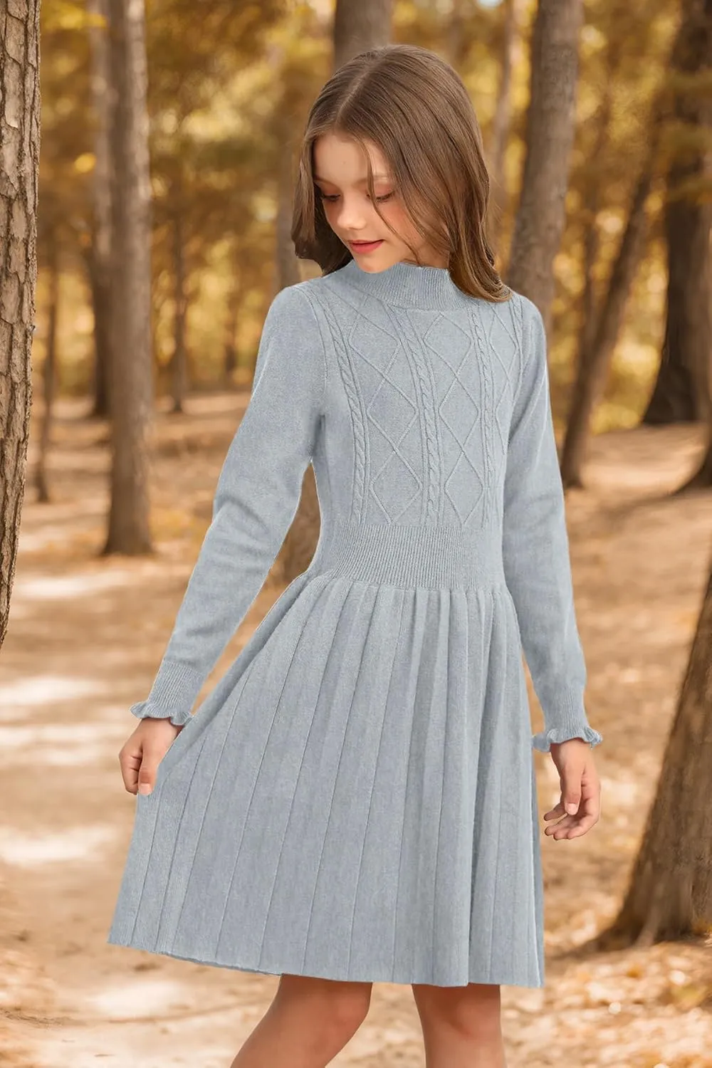 Girls Cable Knit Mock Neck Sweater Dress Fall Winter Long Sleeve Dresses 5-14 Years