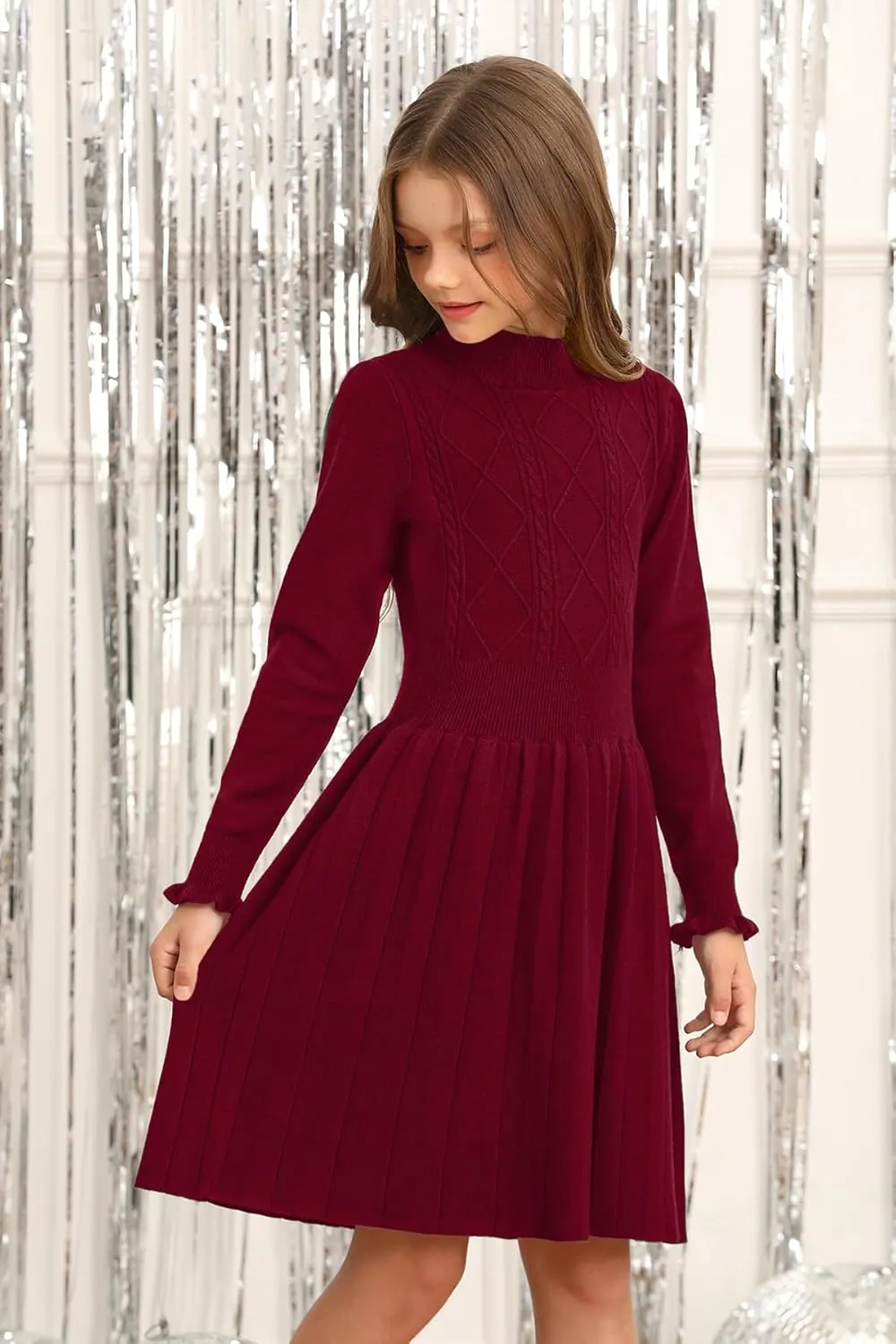 Girls Cable Knit Mock Neck Sweater Dress Fall Winter Long Sleeve Dresses 5-14 Years