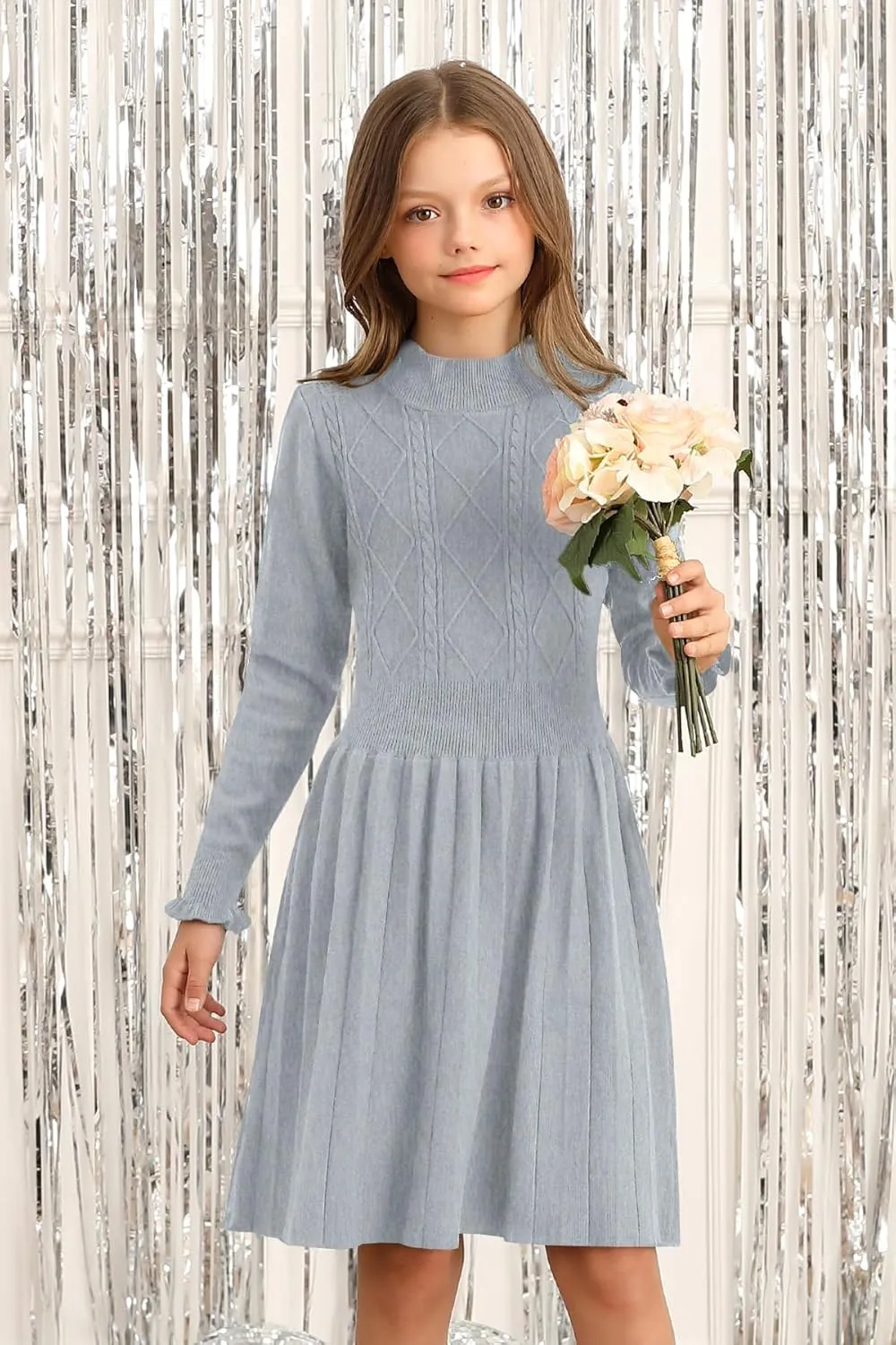 Girls Cable Knit Mock Neck Sweater Dress Fall Winter Long Sleeve Dresses 5-14 Years