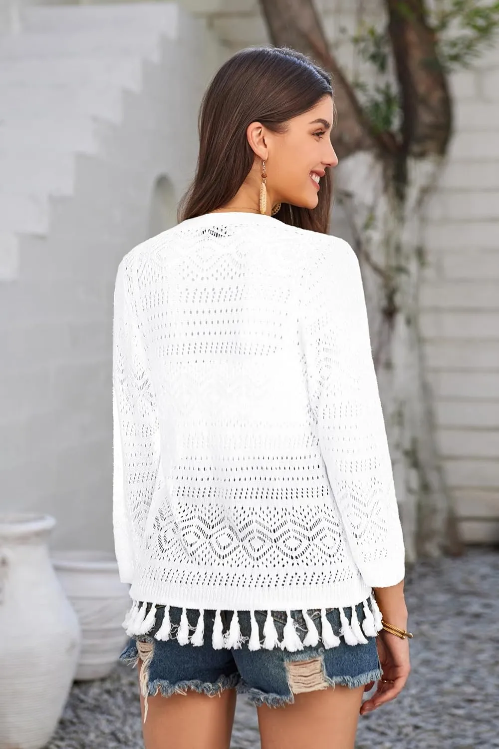 GRACE KARIN Women's 3/4 Sleeve V-Neck Boho Hollowed Out Crochet Knit Shrug Lightweight Cardigan Sweater with Tassels