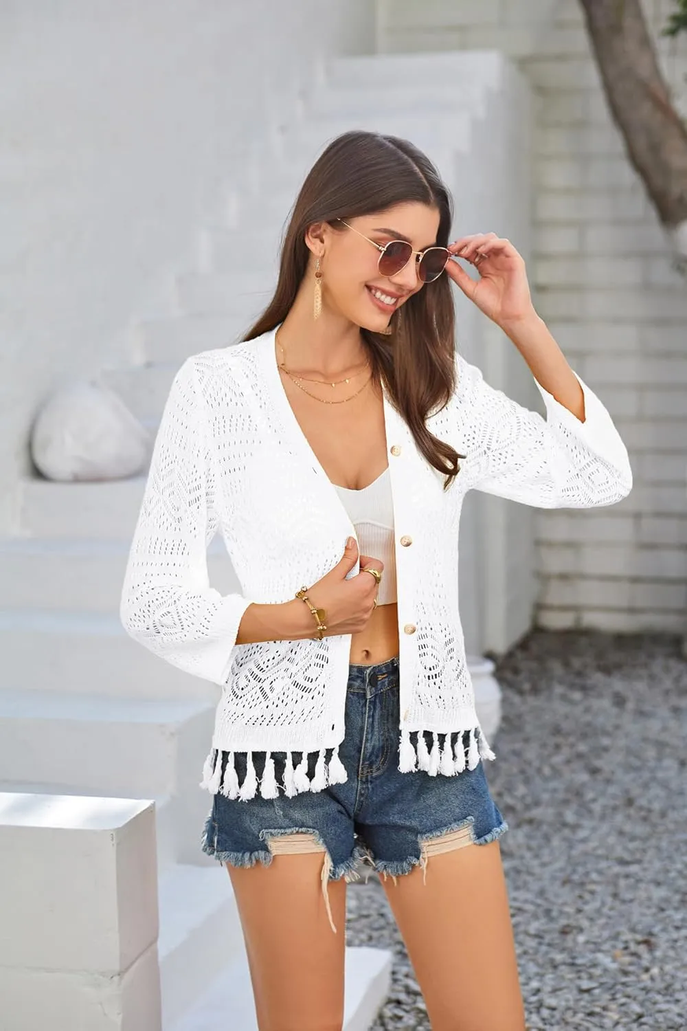 GRACE KARIN Women's 3/4 Sleeve V-Neck Boho Hollowed Out Crochet Knit Shrug Lightweight Cardigan Sweater with Tassels