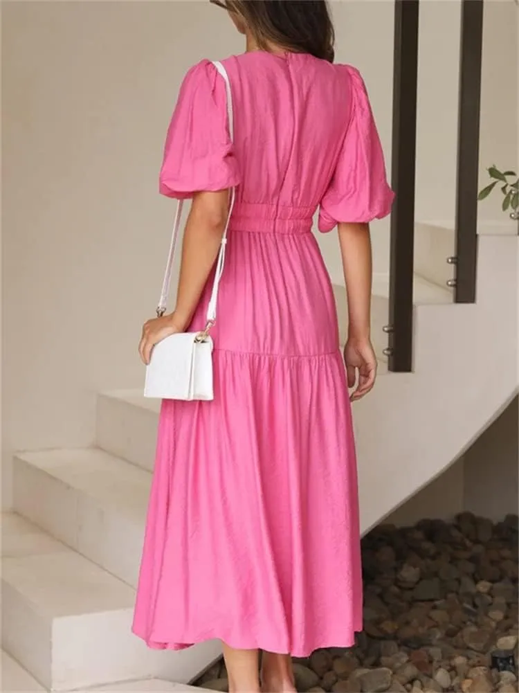 HOULENGS Women's Deep V Neck Puff Short Sleeve Tiered Dress Elastic High Waist Flowy A Line Midi Dresses