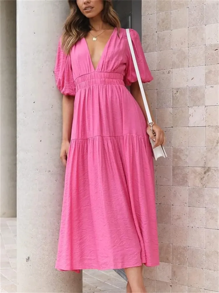 HOULENGS Women's Deep V Neck Puff Short Sleeve Tiered Dress Elastic High Waist Flowy A Line Midi Dresses