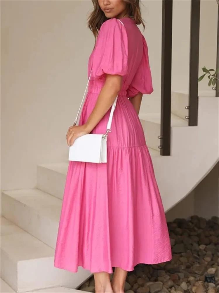 HOULENGS Women's Deep V Neck Puff Short Sleeve Tiered Dress Elastic High Waist Flowy A Line Midi Dresses