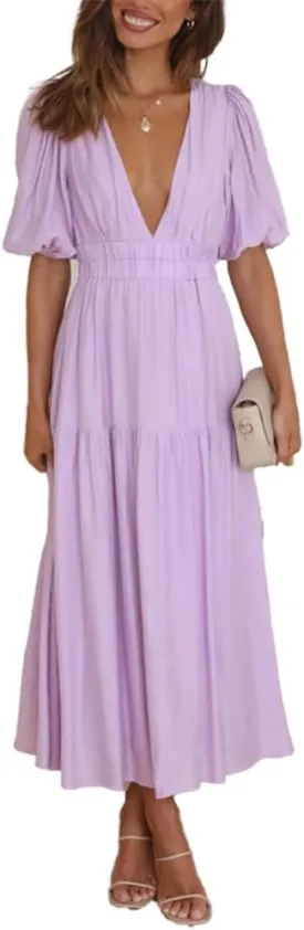 HOULENGS Women's Deep V Neck Puff Short Sleeve Tiered Dress Elastic High Waist Flowy A Line Midi Dresses