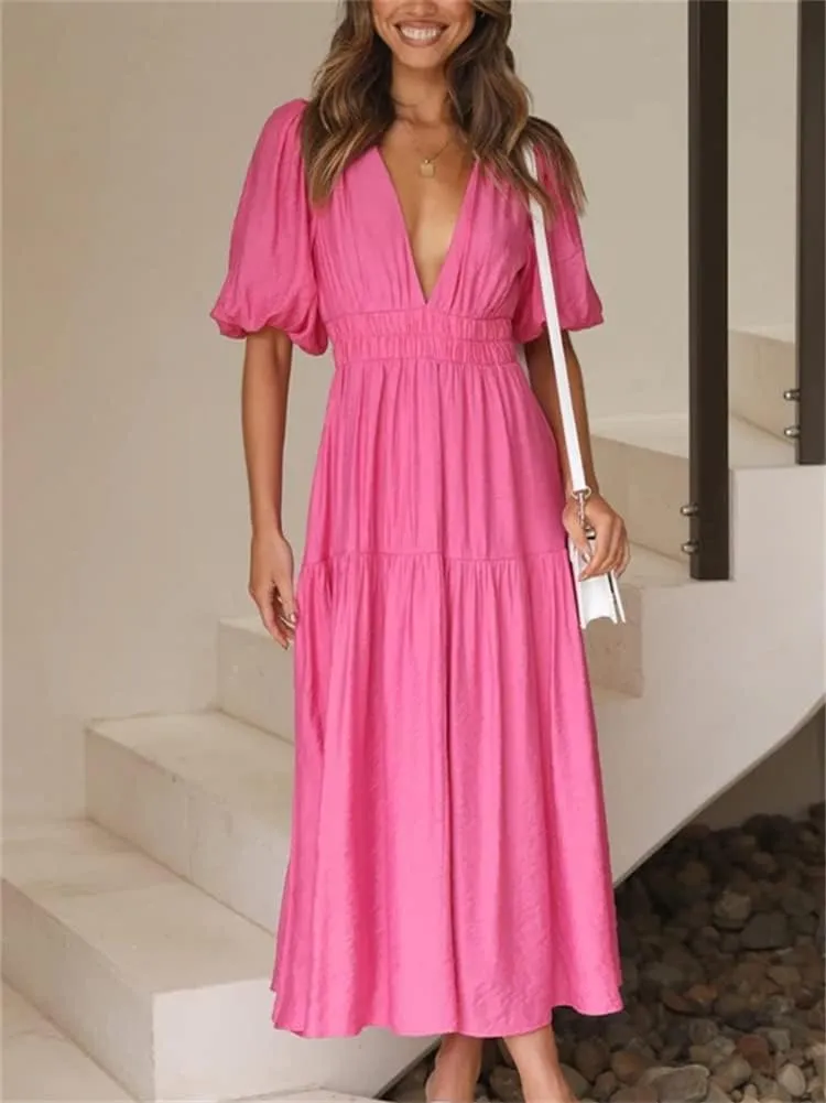HOULENGS Women's Deep V Neck Puff Short Sleeve Tiered Dress Elastic High Waist Flowy A Line Midi Dresses