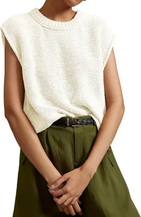 Locachy Women's Vintage Crew Neck Sweater Vest Casual Cropped Sleeveless Knit Pullover Top