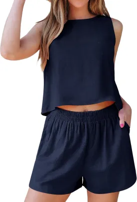 luvamia Linen Short Sets for Women Two Piece Matching Casual Sleeveless Tank Top and High Waisted Shorts Summer Outfits