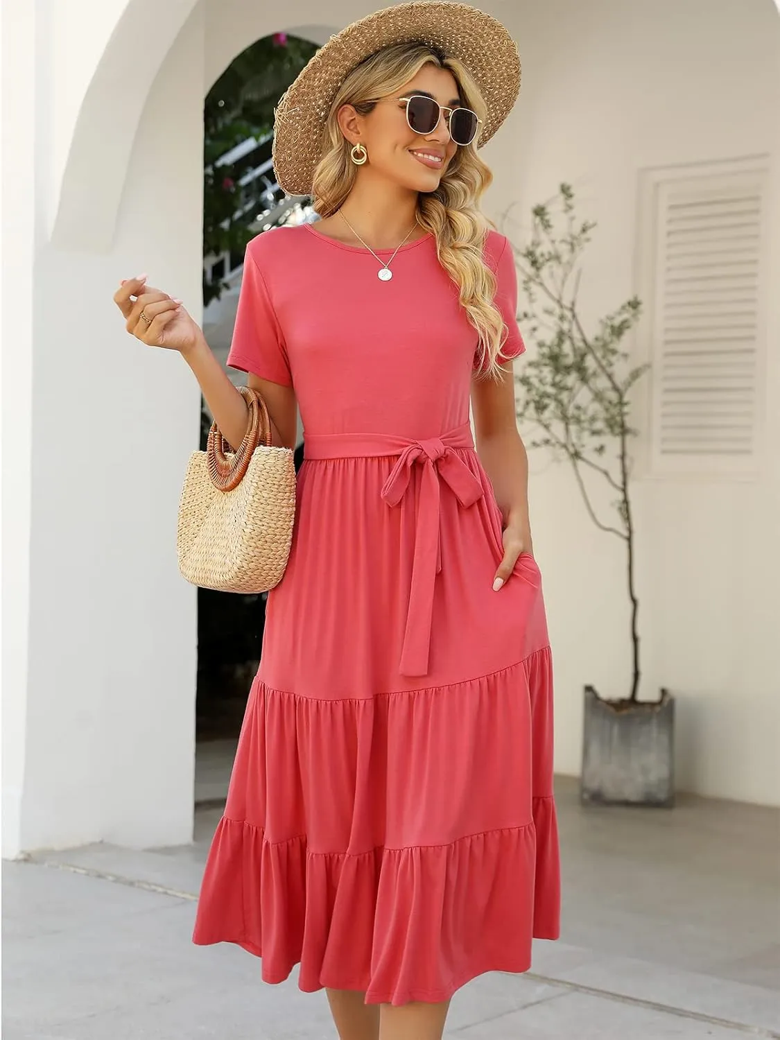 Lyrur Women's Dresses Casual Summer Tiered Midi Dress Short Sleeve Belted Ruffle Babydoll Boho Sundress with Pockets