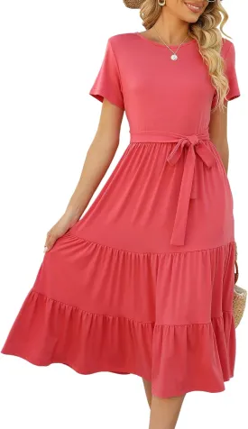 Lyrur Women's Dresses Casual Summer Tiered Midi Dress Short Sleeve Belted Ruffle Babydoll Boho Sundress with Pockets
