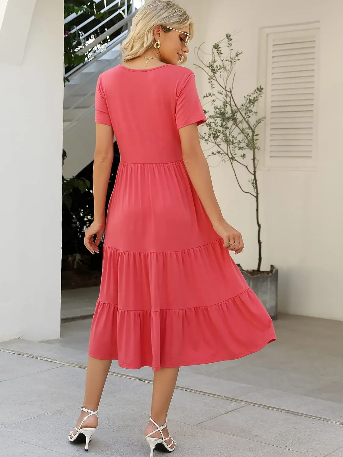 Lyrur Women's Dresses Casual Summer Tiered Midi Dress Short Sleeve Belted Ruffle Babydoll Boho Sundress with Pockets