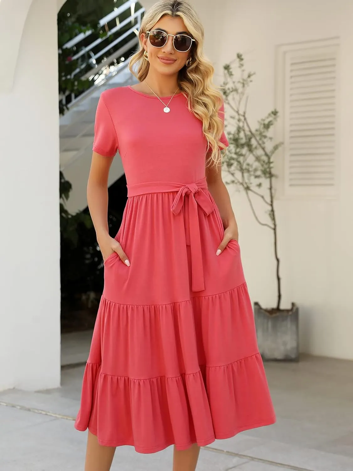 Lyrur Women's Dresses Casual Summer Tiered Midi Dress Short Sleeve Belted Ruffle Babydoll Boho Sundress with Pockets