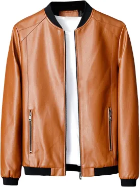 Men's Fashion Stand Collar Leather Jacket Casual Stand Collar Zip-Up Bomber Coat Lightweight Biker Windbreaker