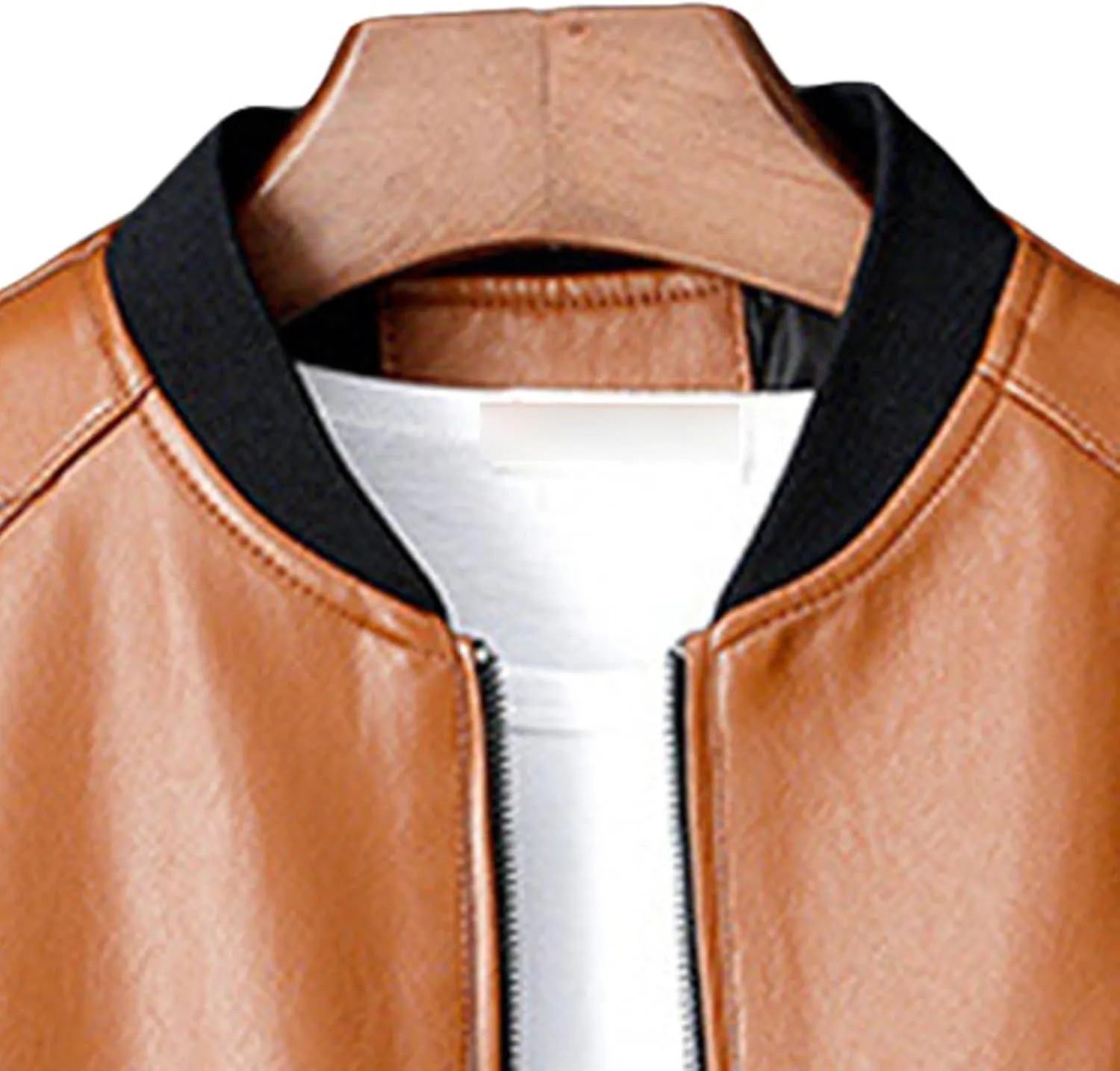 Men's Fashion Stand Collar Leather Jacket Casual Stand Collar Zip-Up Bomber Coat Lightweight Biker Windbreaker