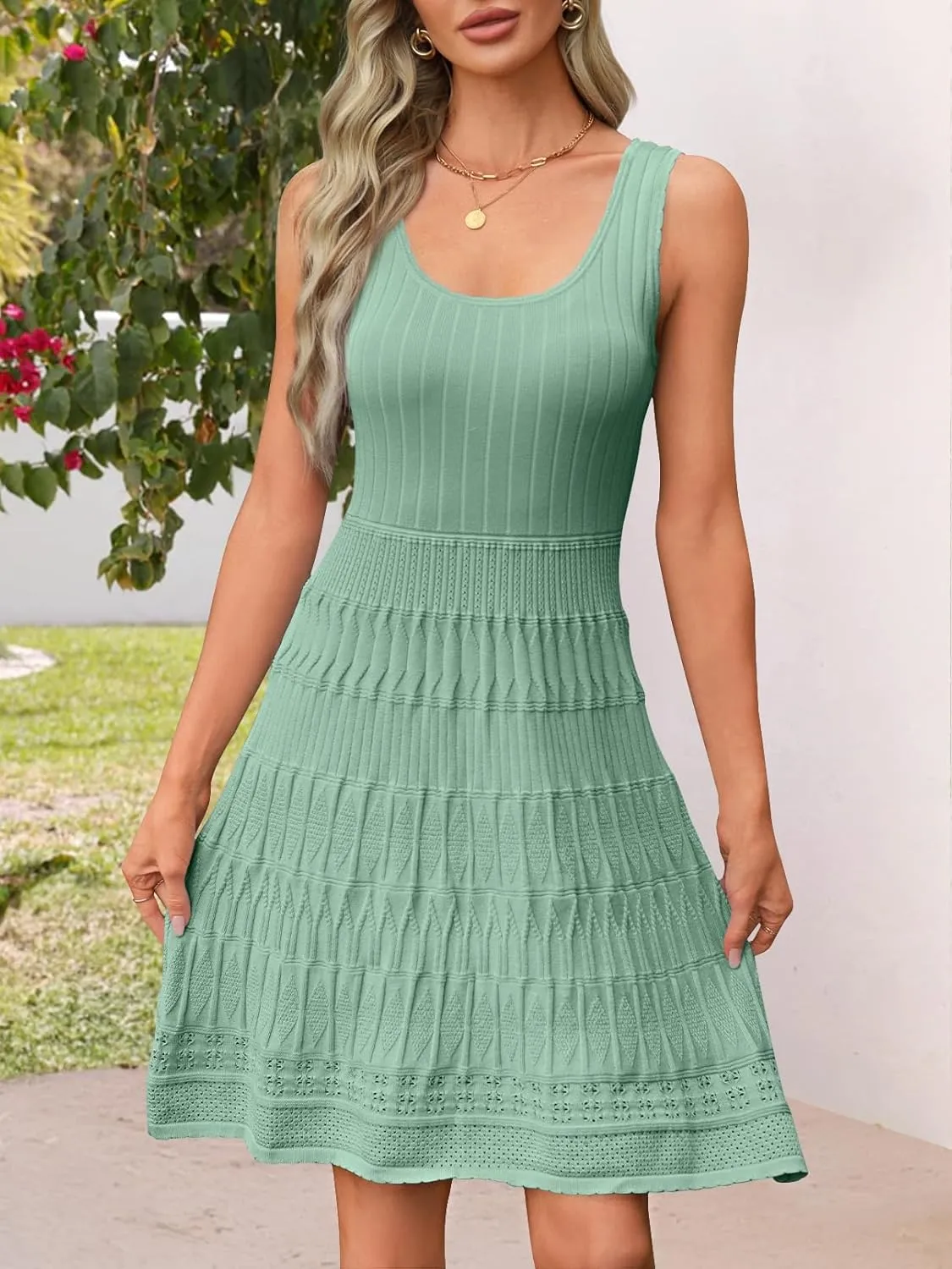 MEROKEETY Women's Summer Sleeveless Mini Dress 2025 Casual Crewneck Crochet A Line Flowy Tank Sundress