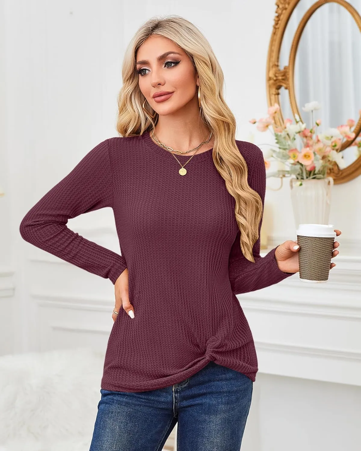MISFAY Womens Casual Top Long Sleeve Cute Twist Knot Waffle Knit Shirts Tops