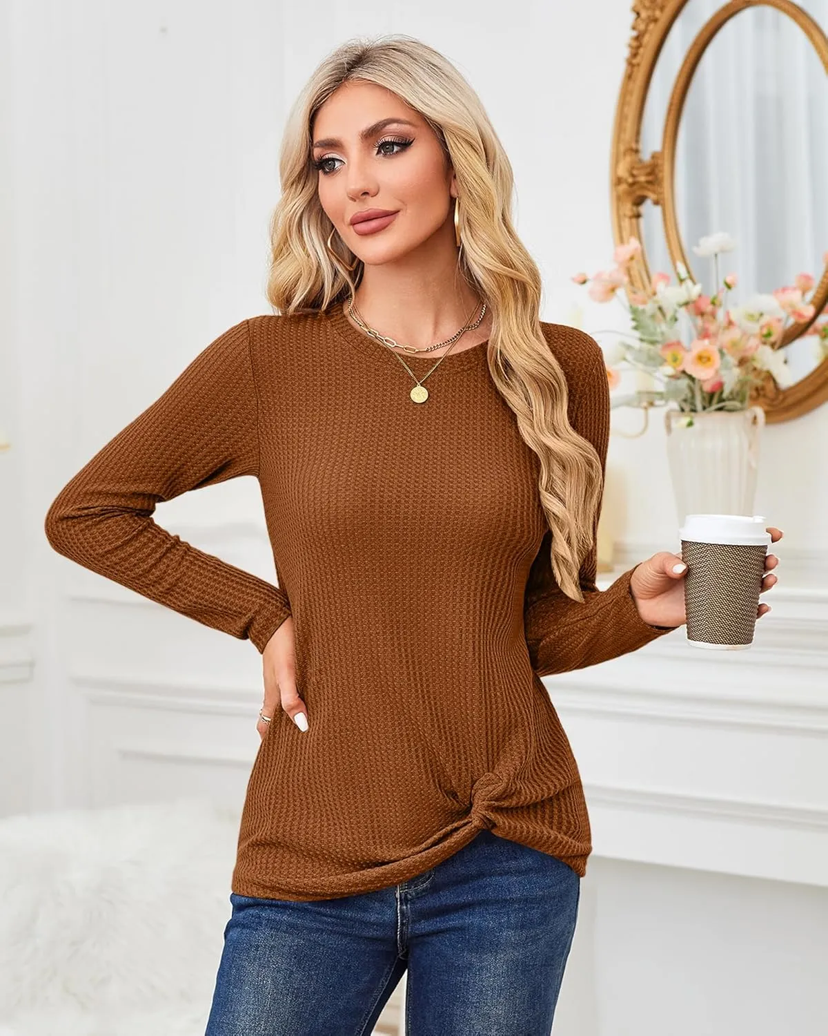 MISFAY Womens Casual Top Long Sleeve Cute Twist Knot Waffle Knit Shirts Tops