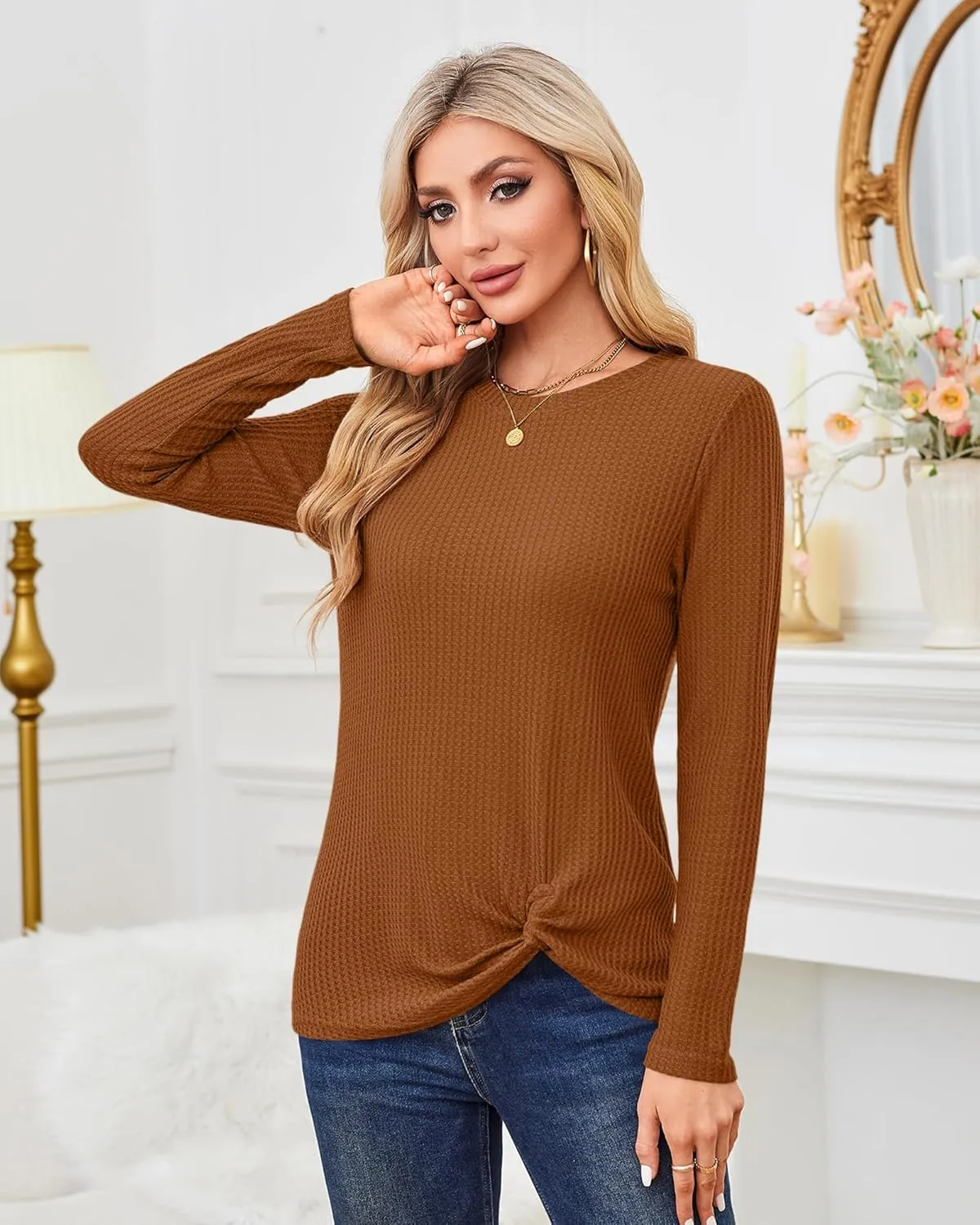 MISFAY Womens Casual Top Long Sleeve Cute Twist Knot Waffle Knit Shirts Tops
