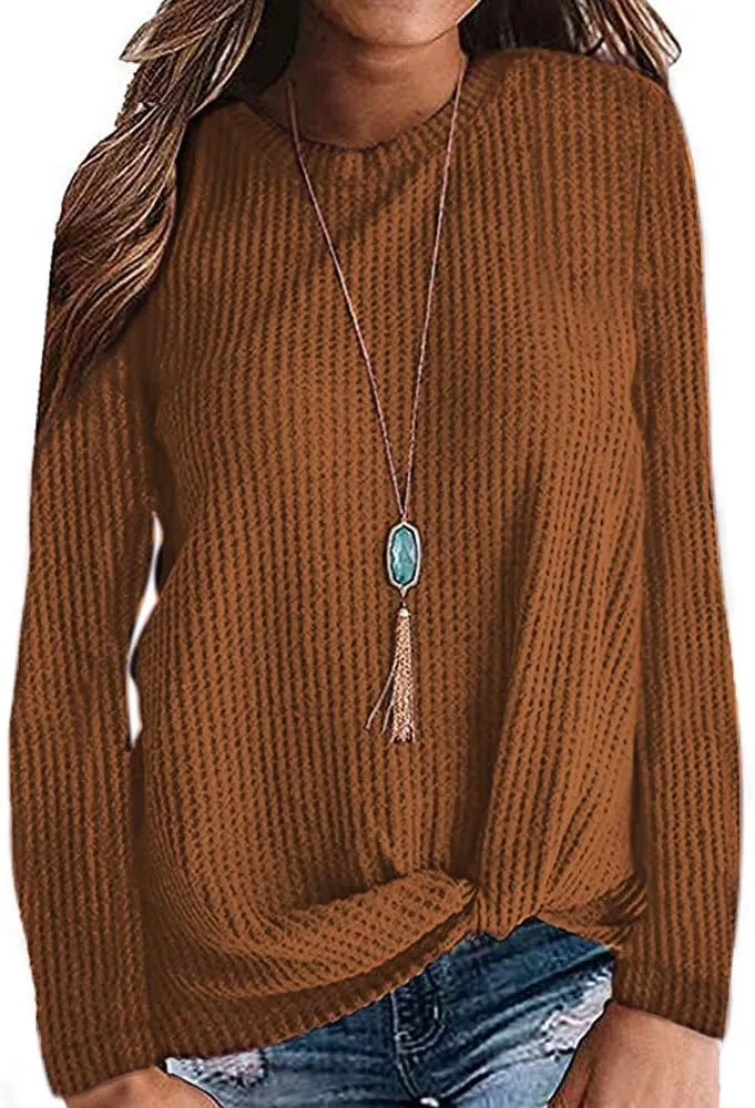 MISFAY Womens Casual Top Long Sleeve Cute Twist Knot Waffle Knit Shirts Tops