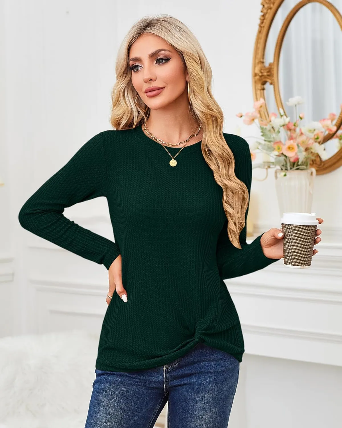 MISFAY Womens Casual Top Long Sleeve Cute Twist Knot Waffle Knit Shirts Tops
