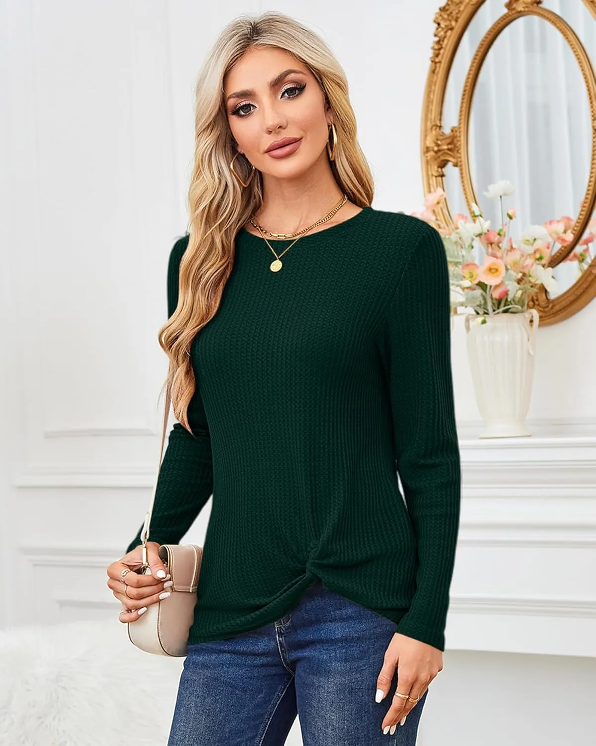 MISFAY Womens Casual Top Long Sleeve Cute Twist Knot Waffle Knit Shirts Tops