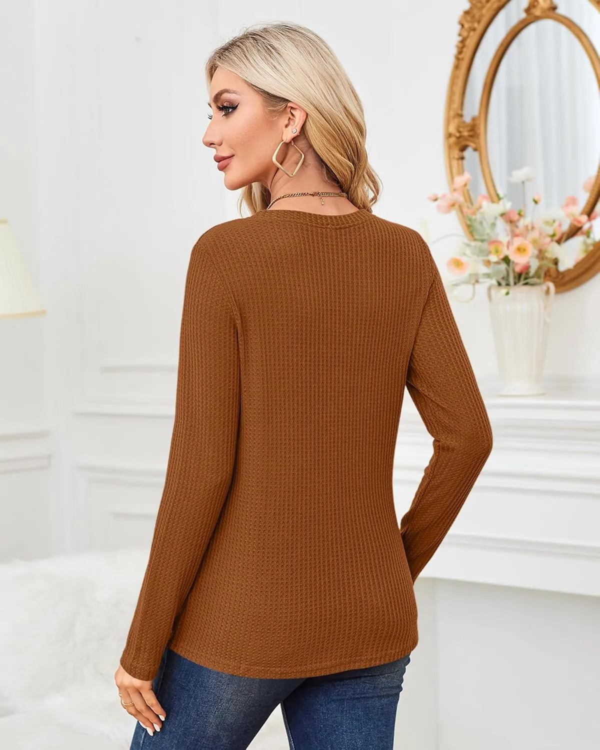 MISFAY Womens Casual Top Long Sleeve Cute Twist Knot Waffle Knit Shirts Tops