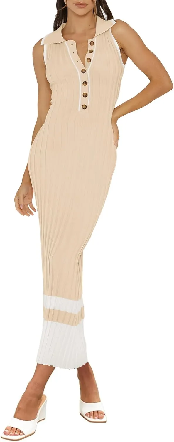 MITILLY Women's Summer Dresses 2025 Polo V Neck Sleeveless Maxi Dress Button Bodycon Ribbed Knit Long Dresses
