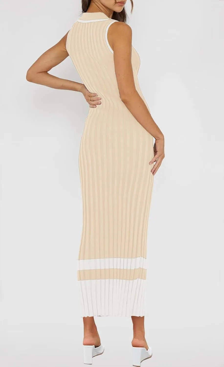 MITILLY Women's Summer Dresses 2025 Polo V Neck Sleeveless Maxi Dress Button Bodycon Ribbed Knit Long Dresses