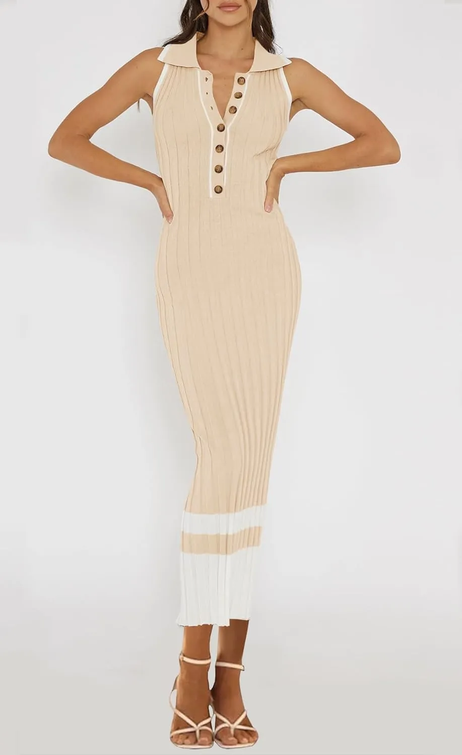 MITILLY Women's Summer Dresses 2025 Polo V Neck Sleeveless Maxi Dress Button Bodycon Ribbed Knit Long Dresses