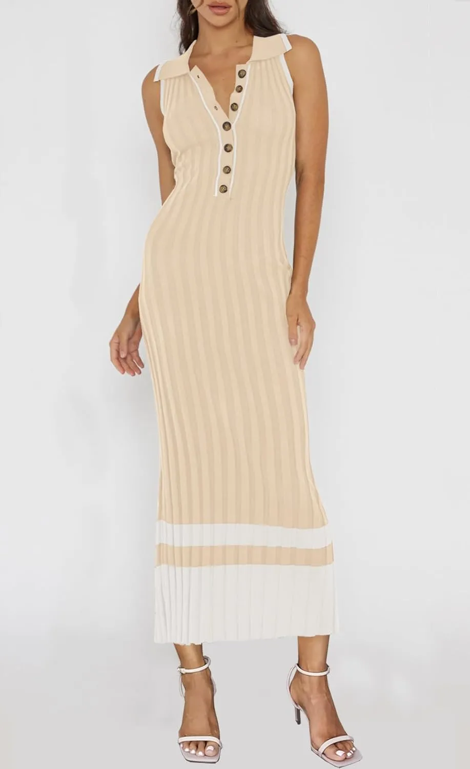 MITILLY Women's Summer Dresses 2025 Polo V Neck Sleeveless Maxi Dress Button Bodycon Ribbed Knit Long Dresses