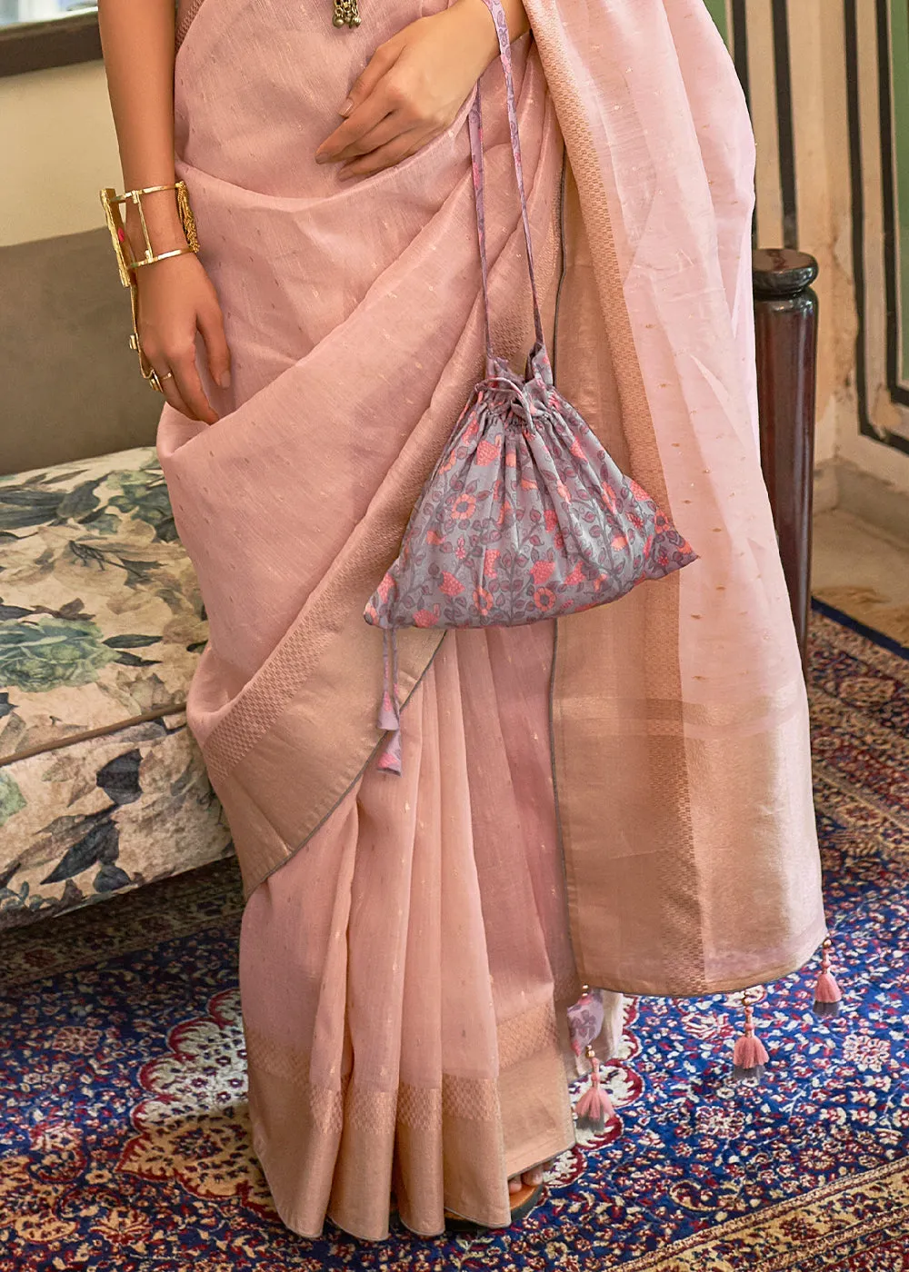 Nadeshiko Pink Zari Weaving Tissue Silk Saree with kalamkari Print Blouse