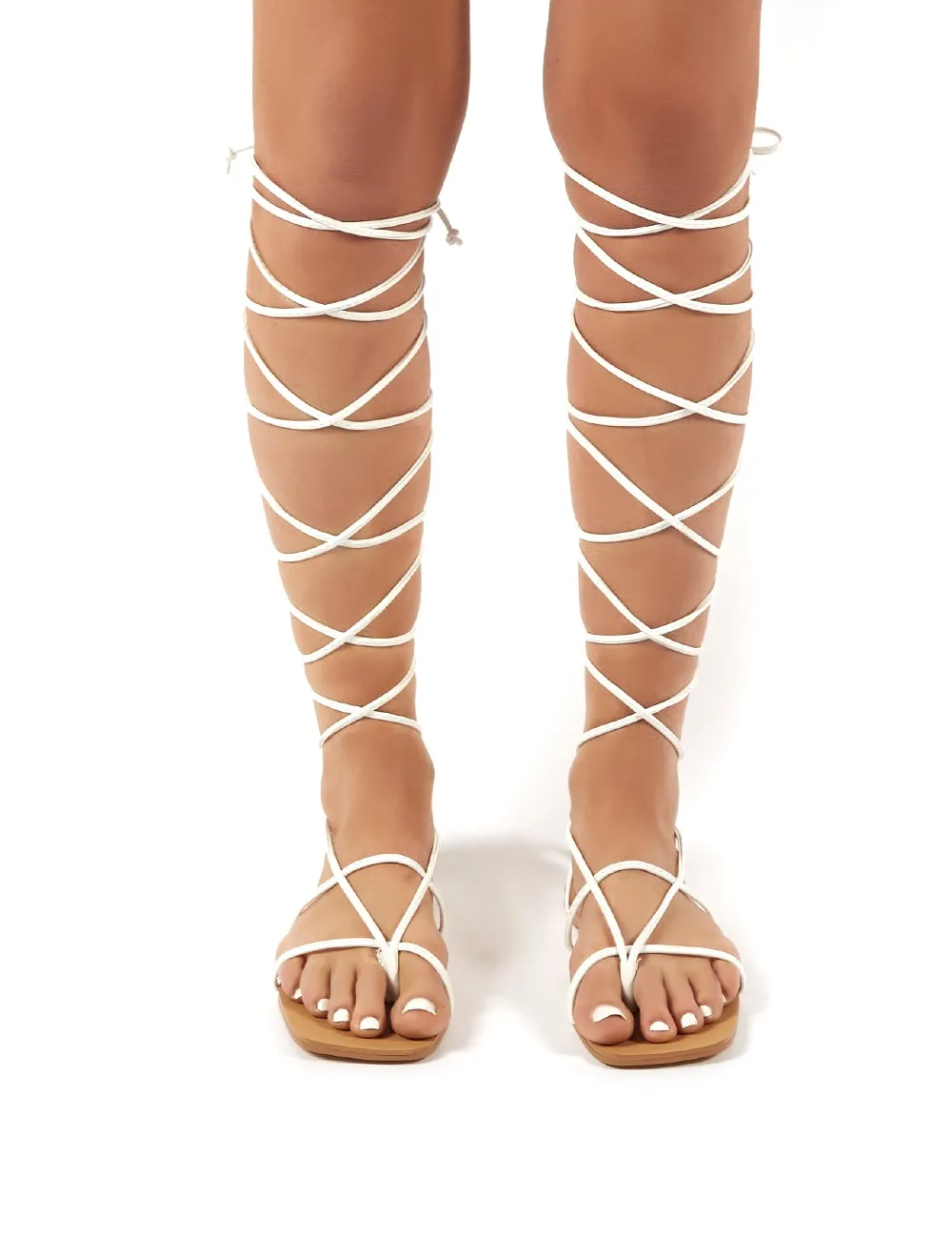 Natalia White Pu Lace up Flat Gladiator Sandals