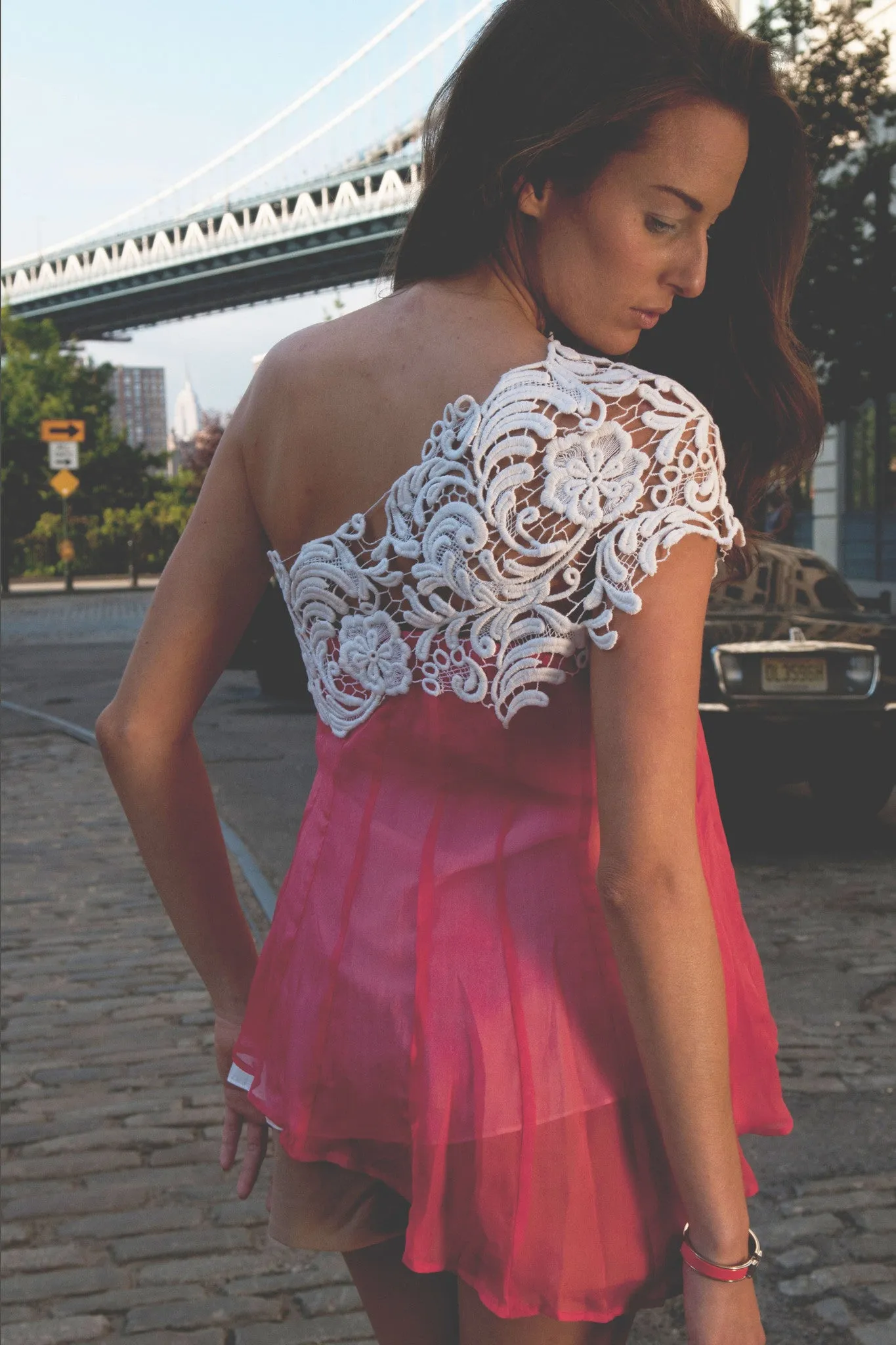 One shoulder lace paneled chiffon top
