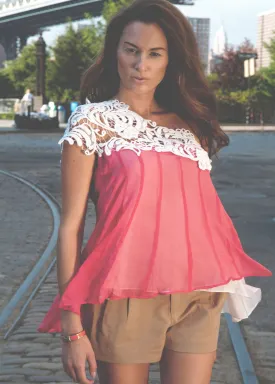 One shoulder lace paneled chiffon top