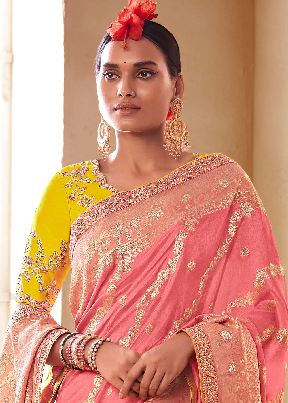 Punch Pink Woven Dola Silk Saree with Contrast Embroidered Border