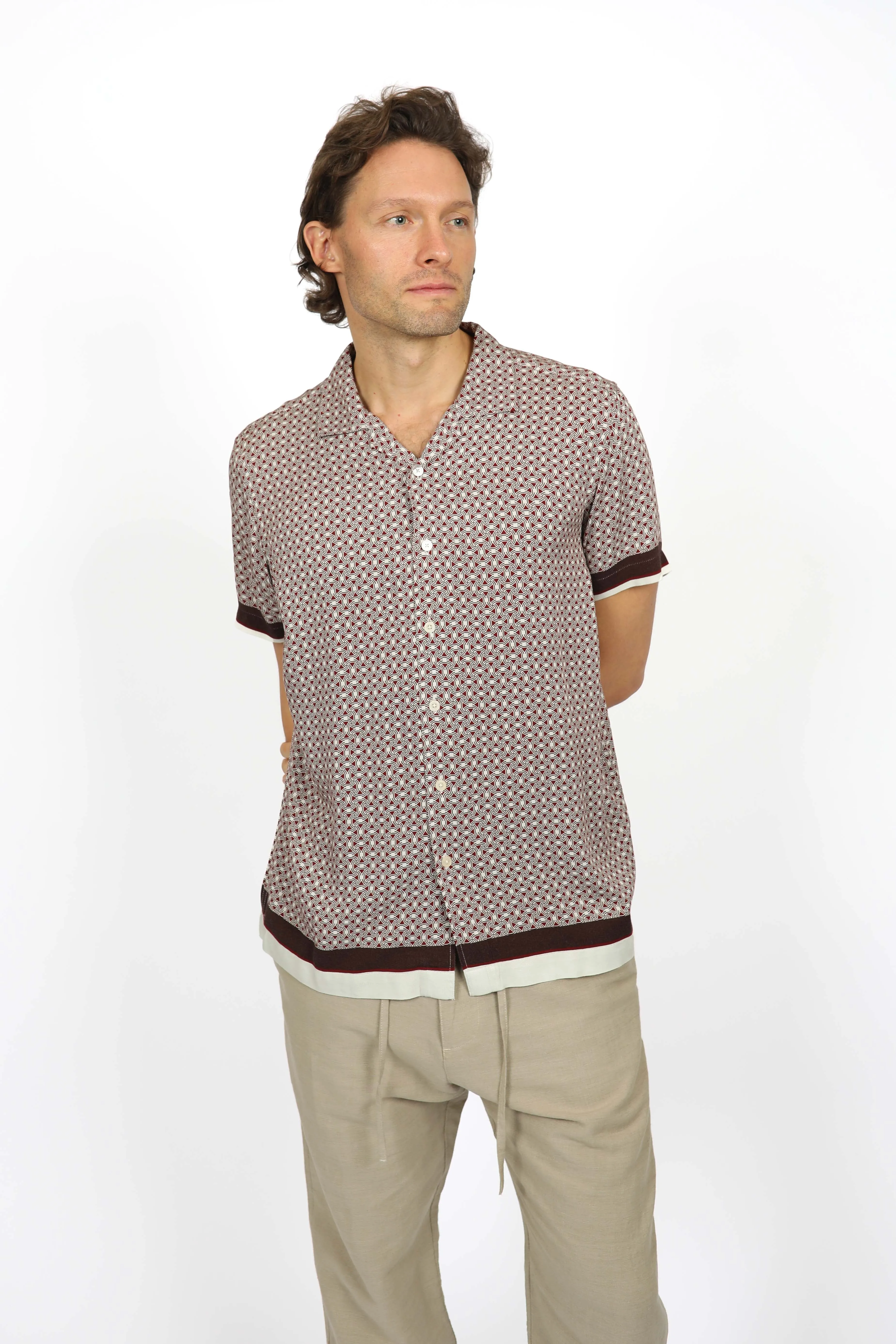 Relaxed Fit Merlot Cuban Collar Border Shirt