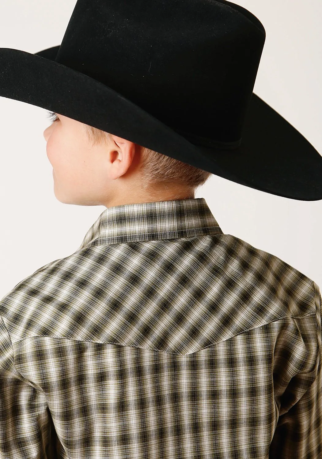 Roper Boys 55/45 Plaid Olive/Cream Cotton Blend L/S Shirt