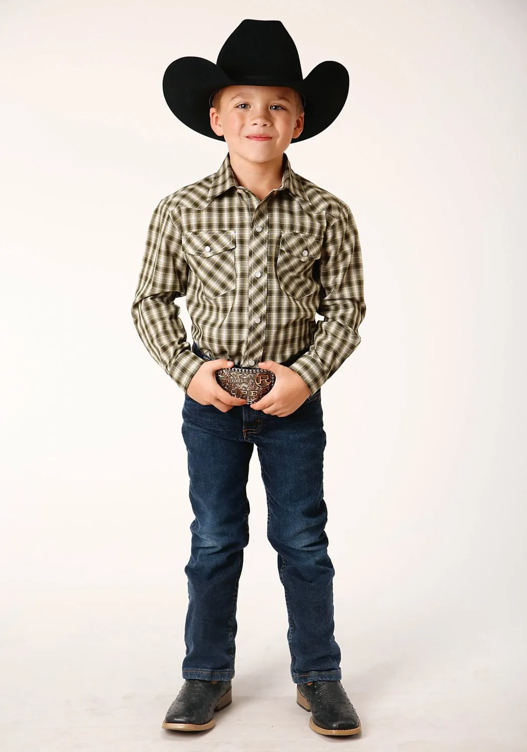 Roper Boys 55/45 Plaid Olive/Cream Cotton Blend L/S Shirt