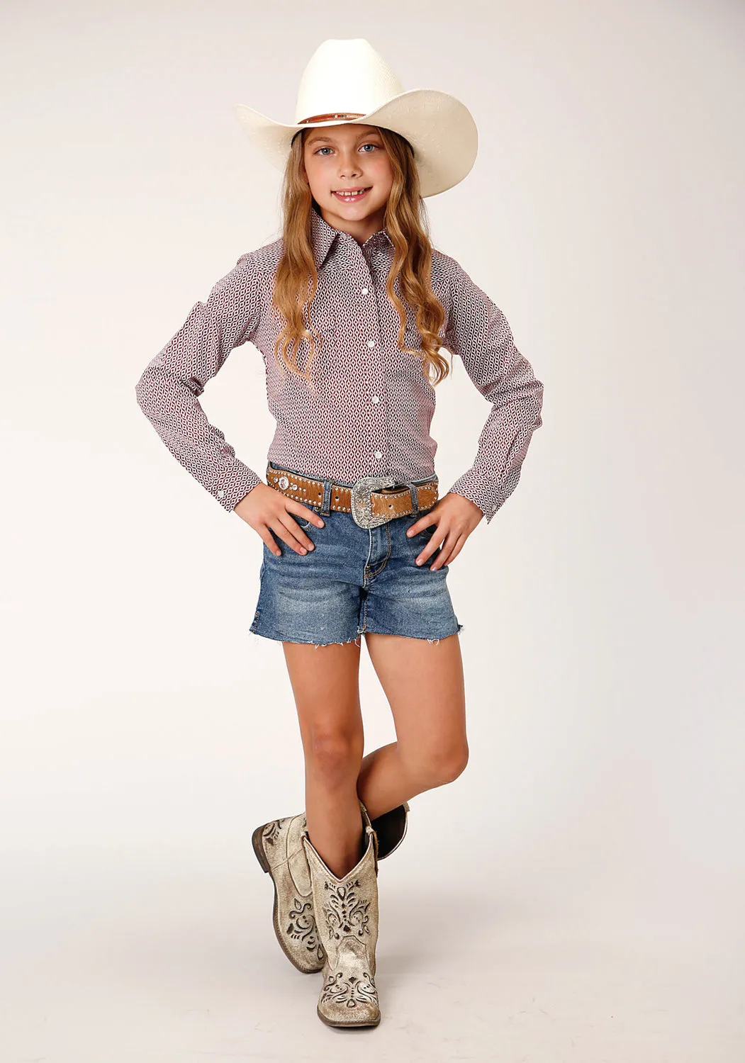 Roper Girls Climbing Diamond Red Cotton Blend L/S Shirt