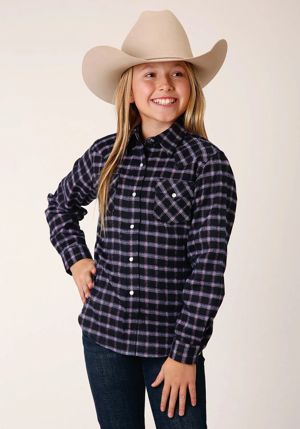 Roper Girls Unlined Plaid Blue 100% Cotton L/S Shirt